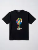 Black t-shirt with colorful melting Rubik's Cube graphic