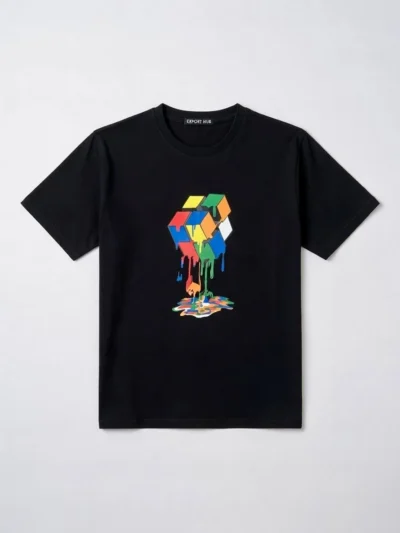 Black t-shirt with colorful melting Rubik's Cube graphic