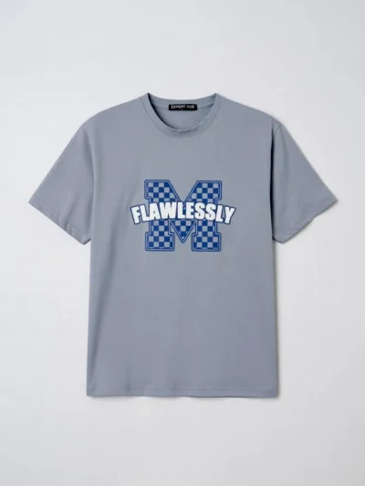 Grey t-shirt with 'FLAWLESSLY' text and blue checkered 'M' logo