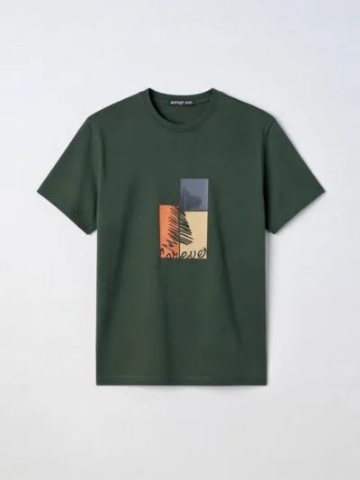 Dark green t-shirt with colorful abstract design and 'forever' text on front