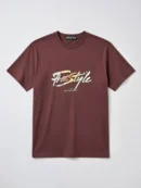 Maroon t-shirt with 'Free Style' print and 'First Aesthetism' tag