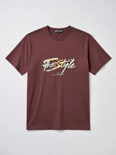 Maroon t-shirt with 'Free Style' print and 'First Aesthetism' tag