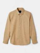 Tan button-down shirt with collar and small logo on chest