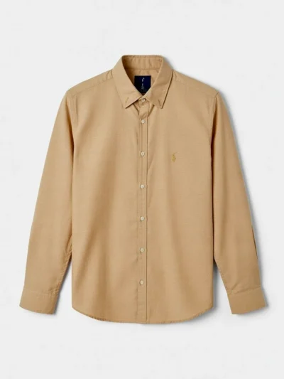 Tan button-down shirt with collar and small logo on chest