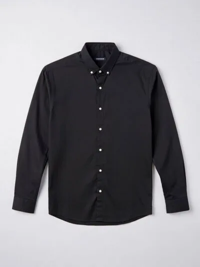 Black long-sleeve dress shirt with white buttons on a light gray background