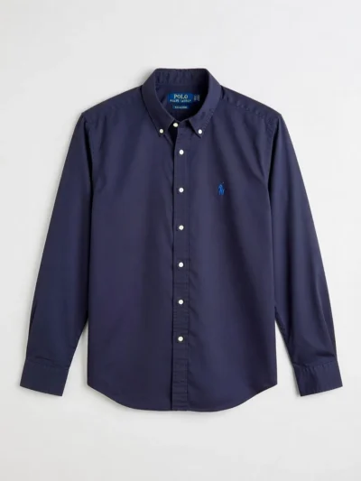 Classic navy blue Ralph Lauren button-down shirt with white buttons