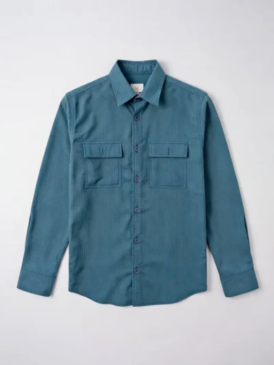 Teal blue long sleeve button down shirt with two chest pockets