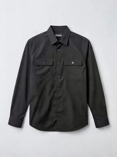 Black long sleeve button up shirt with two breast pockets