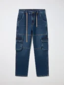 Dark blue denim cargo pants with drawstring waist and cargo pockets