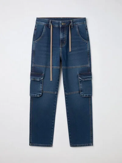 Dark blue denim cargo pants with drawstring waist and cargo pockets