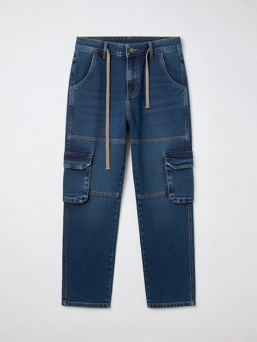 Dark blue denim cargo pants with drawstring waist and multiple pockets