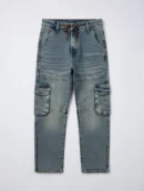 A pair of light blue denim cargo pants with brown drawstring