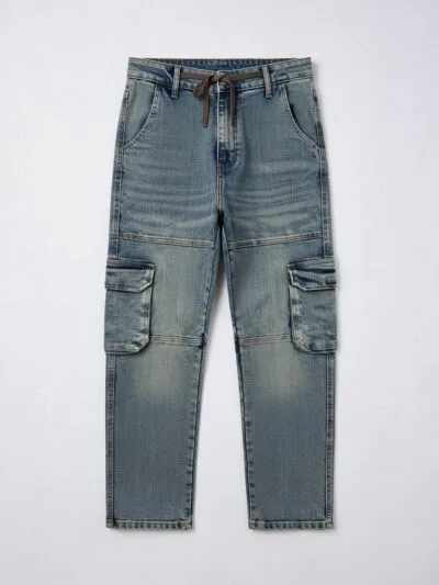 A pair of light blue denim cargo pants with brown drawstring