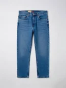 Blue denim jeans with button fly and straight leg cut