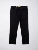 Black jeans for men, straight leg, button fly, back view on white background