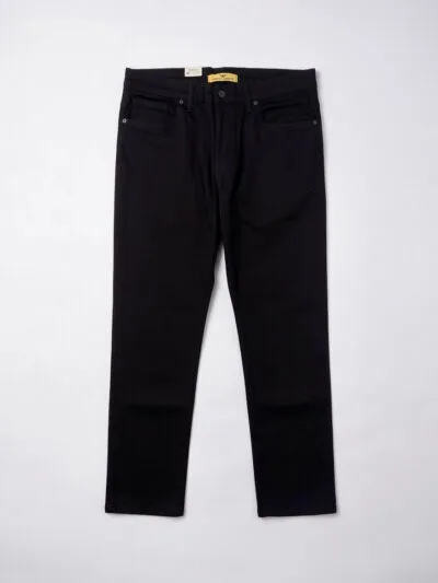 Black jeans for men, straight leg, button fly, back view on white background