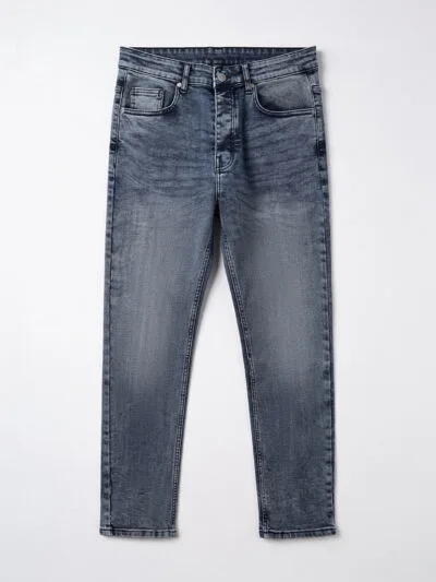 Pair of dark blue straight-leg jeans with faded effect