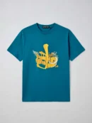 Teal t-shirt with a gold dragon design on the front