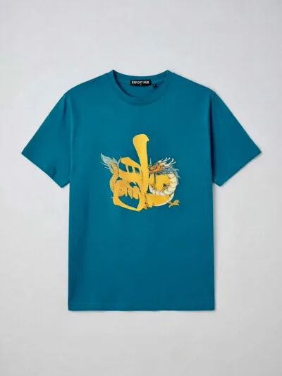 Teal t-shirt with a gold dragon design on the front