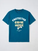 Blue t-shirt with gaming controller graphic and 'PROTECTOR COME HERE' text