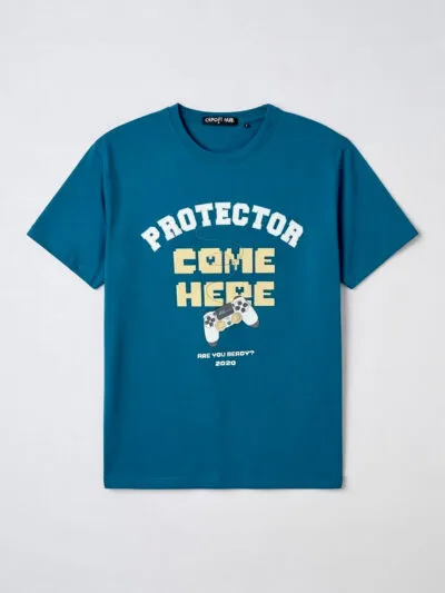Blue t-shirt with gaming controller graphic and 'PROTECTOR COME HERE' text