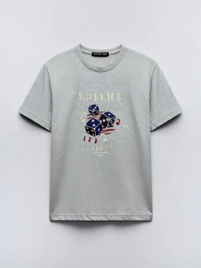 Light gray t-shirt with a graphic of three dice and 'WARRIOR CHA!' text