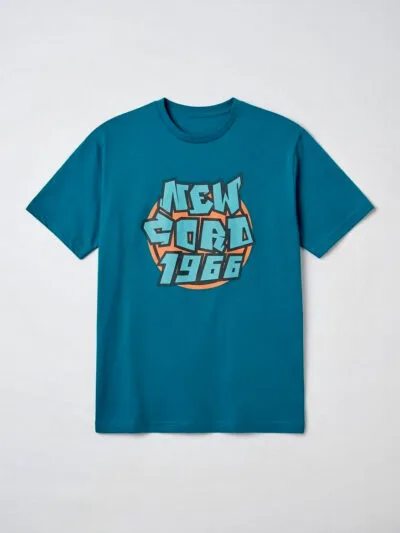 Teal blue t-shirt with 'New York 1966' graphic print on front