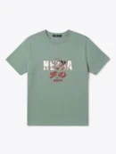 A sage green short-sleeved T-shirt featuring the word 'NEZHA' with a unique design.