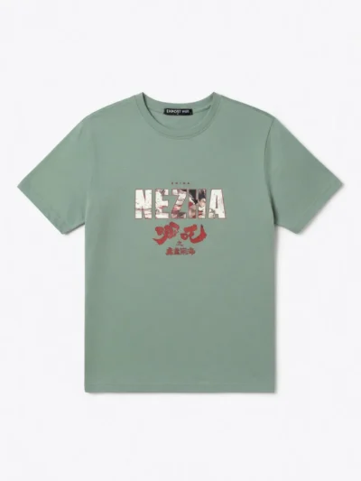 A sage green short-sleeved T-shirt featuring the word 'NEZHA' with a unique design.