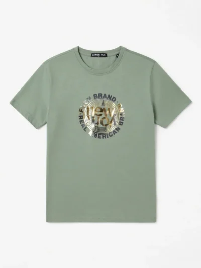 Green t-shirt with 'New York' logo and 'Fresh Brand' text on a white background