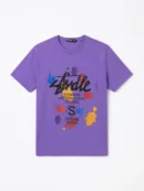 Purple t-shirt with colorful paint splatters and text