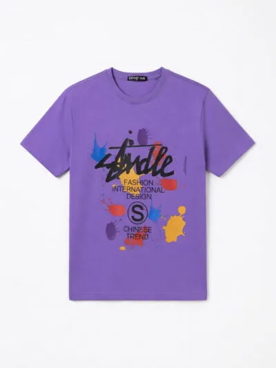 Purple t-shirt with colorful paint splatters and text