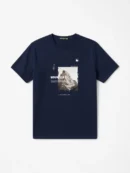 Navy blue t-shirt with mountain graphic and text on white background