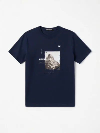 Navy blue t-shirt with mountain graphic and text on white background