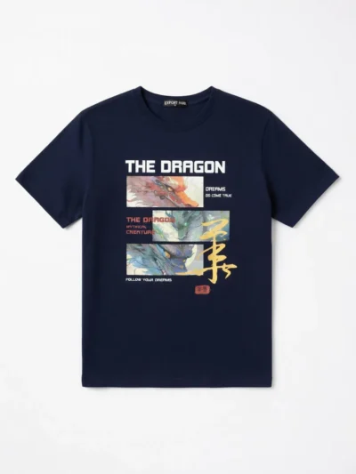 Navy blue t-shirt with dragon graphic and inspirational quotes