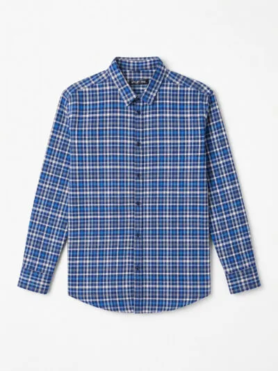Blue and white plaid button-down shirt for men