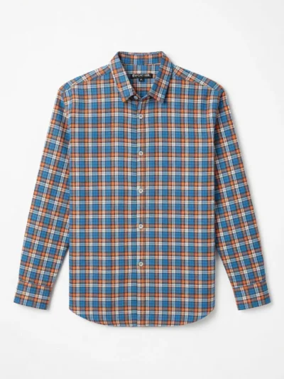 Blue, orange, and white plaid button-down shirt for men