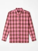 Pink plaid button-down shirt with black and orange stripes