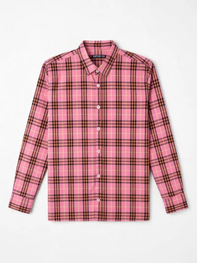 Pink plaid button-down shirt with black and orange stripes