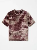 A short-sleeved tie-dye t-shirt with a maroon and beige color scheme.