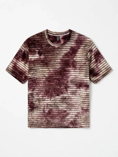 A short-sleeved tie-dye t-shirt with a maroon and beige color scheme.